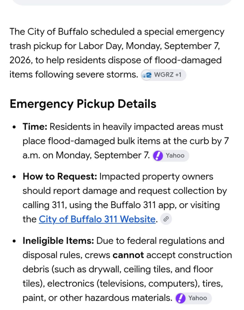 City of Buffalo special emergency trash pickup for Labor Day 9/7/2026
